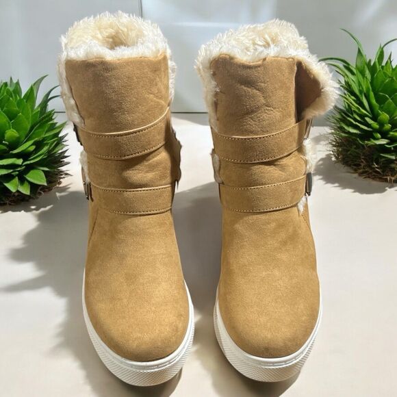 Steve Madden NYC Boots 8.5 Peytonn Tan Suede Faux Fur Ankle Winter Warm NEW - Picture 3 of 8